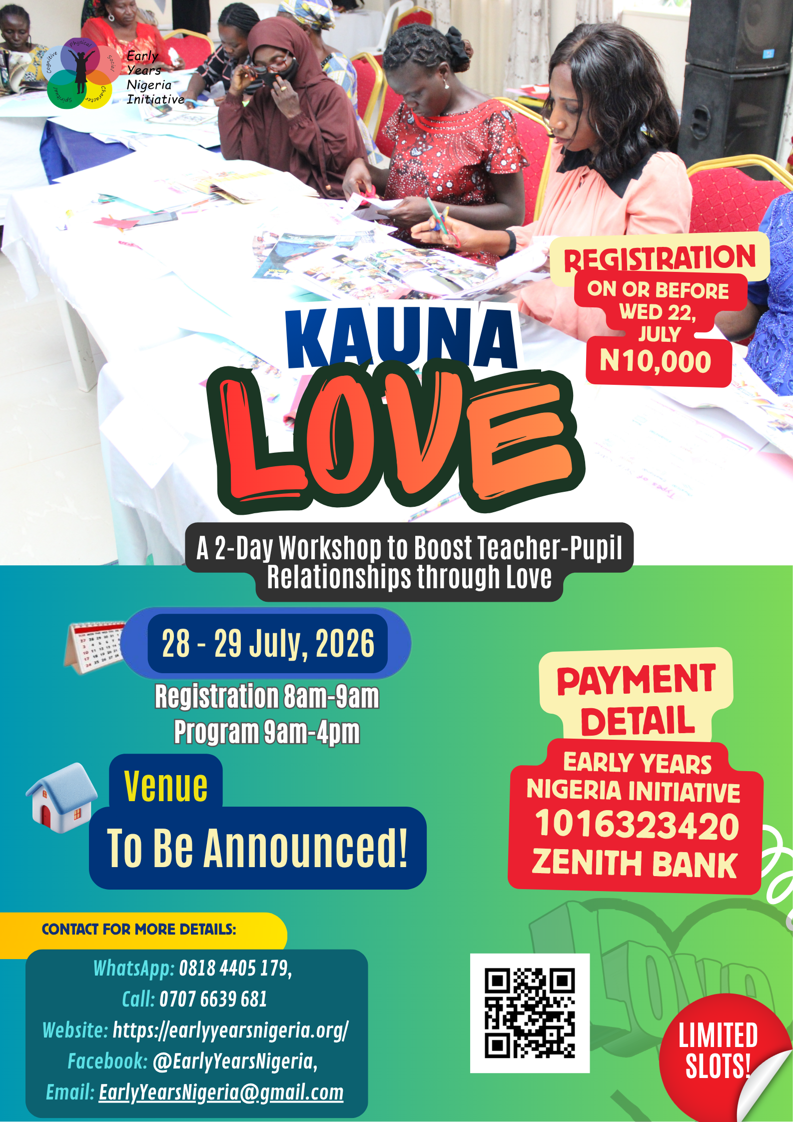 Poster for Early Years Nigeria upcoming Kauna Love teachers training event in Jos.