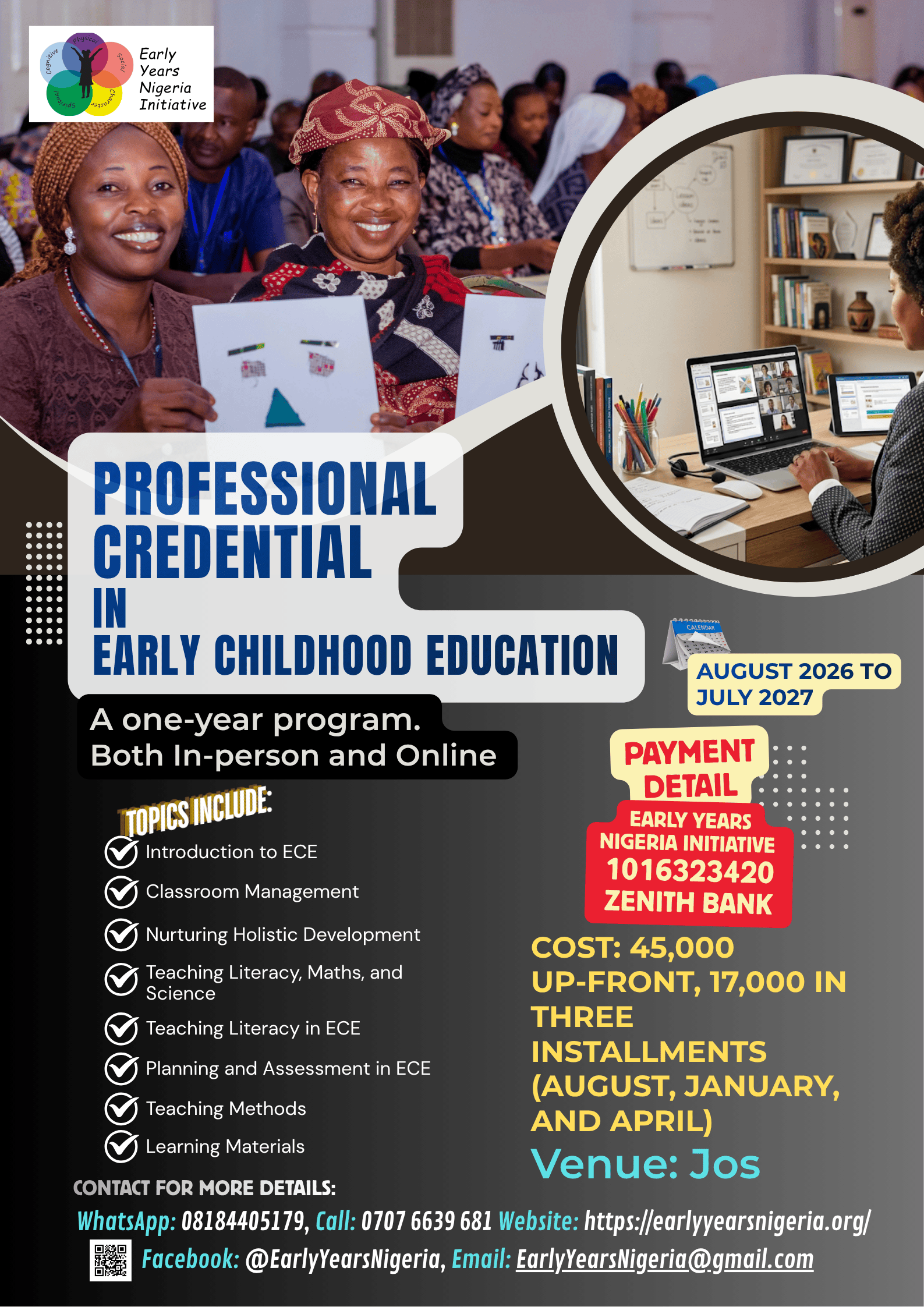 Professional Credential in Early Childhood Education (PCECE) | One-Year Teacher Training Programme in Nigeria Promotional flyer for the Professional Credential in Early Childhood Education, a one-year in-person and online training programme by the Early Years Nigeria Initiative for early childhood educators in Nigeria.