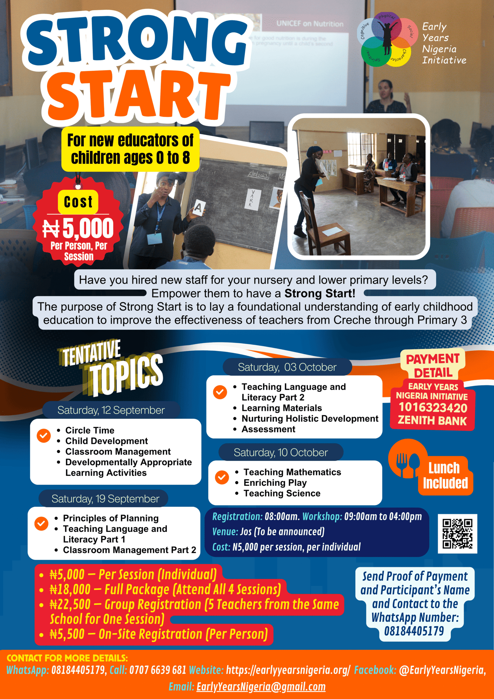 Strong Start 2026 (4) (1) Promotional flyer for the Early Years Nigeria Initiative's Strong Start training programme for new educators of children aged 0–8, showing workshop topics, dates, registration fees, and contact information.